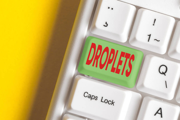 Writing note showing Droplets. Business photo showcasing very small drop of a liquid can be found in certain wet places Colored keyboard key with accessories arranged on empty copy space. - Photo, Image