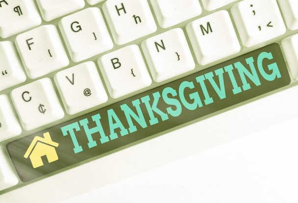 Text sign showing Thanksgiving. Conceptual photo public acknowledgment or celebration of divine goodness Different colored keyboard key with accessories arranged on empty copy space. - Photo, Image
