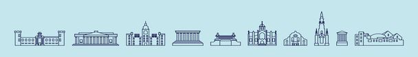 様々なモデルのヨーロッパの都市の漫画のアイコンデザインテンプレートのセット。青い背景のベクトル図は - ベクター画像