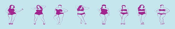 set di donne grasse modello di icona del fumetto design con vari modelli. illustrazione vettoriale isolata su sfondo blu - Vettoriali, immagini