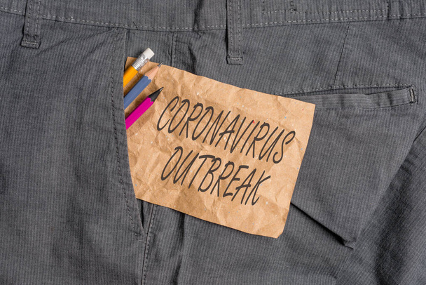 Kelime yazma Coronavirus Salgını. Yeni keşfedilen COVID19 yazma ekipmanları ve erkek iş pantolonlarının cebinde kahverengi not kağıtlarının yol açtığı bulaşıcı hastalıklar konsepti.. - Fotoğraf, Görsel