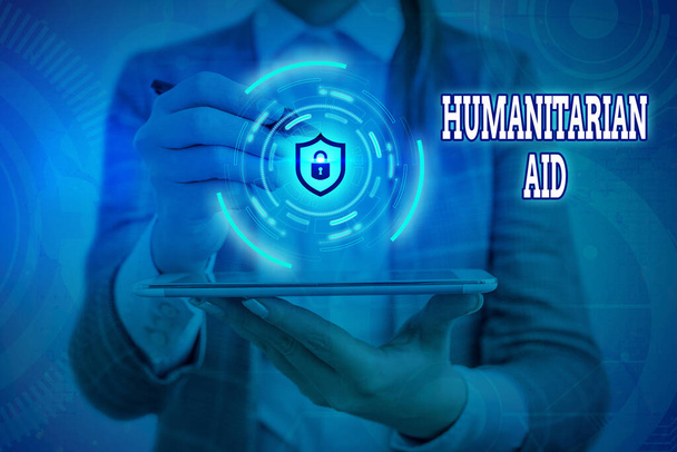 Conceptual hand writing showing Humanitarian Aid. Business photo showcasing immediate assistance provided after natural and manmade disaster Graphics padlock for web data security application system. - Photo, Image
