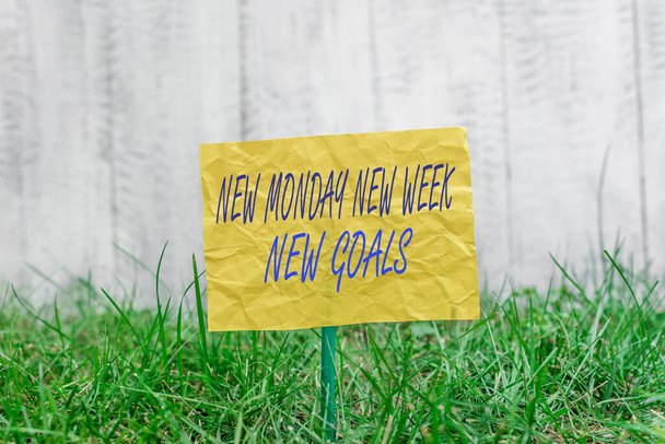 単語の書き込みテキスト新しい月曜日新しい週新しい目標。次の週の解像度を表示するためのビジネスコンセプトリストを行うには緑の草原の土地にスティックと配置に添付プレーン空の紙. - 写真・画像