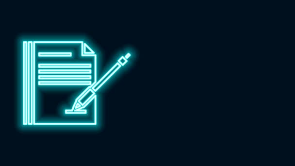 Glowing neon line Blank notebook and pen icon isolated on black background. Paper and pen. 4K Video motion graphic animation - Footage, Video
