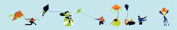 Set fliegenden Drachen Cartoon-Ikone Design-Vorlage mit verschiedenen Modellen. Vektor-Illustration isoliert auf blauem Hintergrund - Vektor, Bild