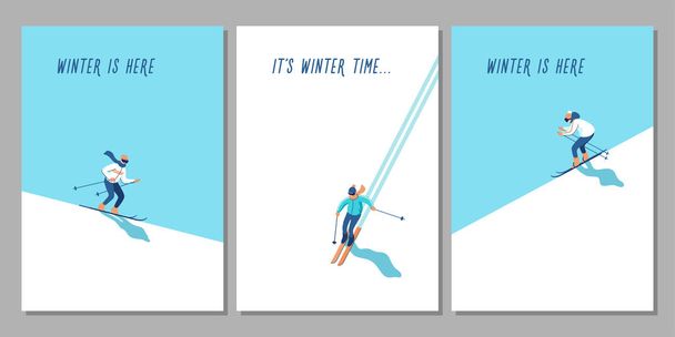 Векторная иллюстрация лыжников на горе с текстом. Спортивные мужчины на горнолыжном курорте. Зимняя сезонная активность. - Вектор,изображение