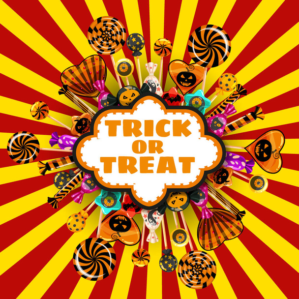 Halloween Trick or Treat Banner Süßigkeiten und Süßigkeiten Vorlage. Herbst Oktober Feiertag Tradition Feier Plakat. Vektorabbildung isoliert - Vektor, Bild