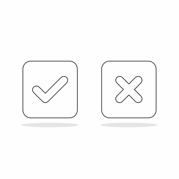 Check and wrong marks, Tick and cross marks, Accepted/Rejected, Approved/Disapproved, Yes/No, Right/Wrong, Green/Red, Correct/False, Ok/Not Ok - vector mark symbols. Black outline design. Isolated icon. - Vector, Image
