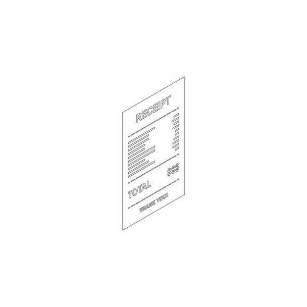 Receipt paper, bill check, invoice, cash receipt. Black outline. Right view isometric icon. shop receipt or bill, atm check with tax/vat, sale receipt or cash receipt printed. - Vector, Image