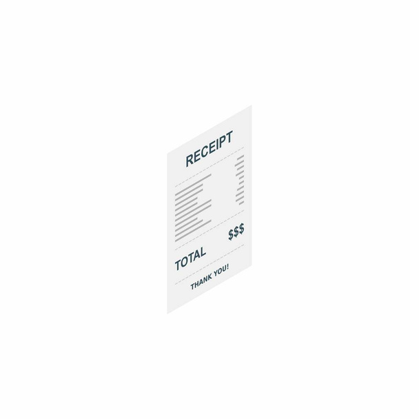 Receipt paper, bill check, invoice, cash receipt. White background. Right view isometric icon. shop receipt or bill, atm check with tax/vat, sale receipt or cash receipt printed. - Vector, Image