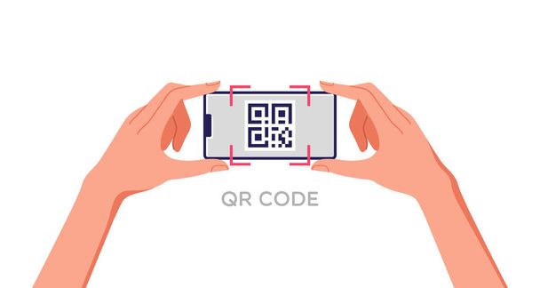 Ludzkie ręce trzymające smartfona i skanujące kod QR. Ilustracja wektora płatności mobilnych, aplikacji i reklamy. - Wektor, obraz