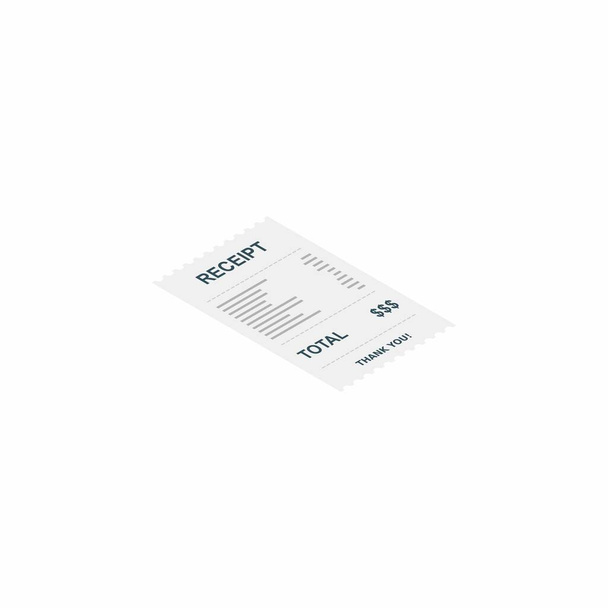 Receipt paper, bill check, invoice, cash receipt. White background. Right view isometric icon. shop receipt or bill, atm check with tax/vat, sale receipt or cash receipt printed. - Vector, Image
