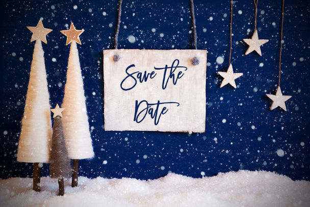Christmas Tree, Blue Background, Snow, Text Save The Date, Snowflakes - Foto, Imagem