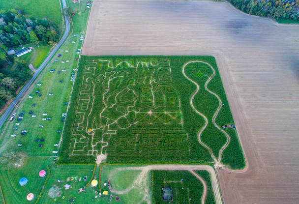 Aerial view of Seward Farms and Corn Maze at sunset in Lucedale, Mississippi  - Valokuva, kuva