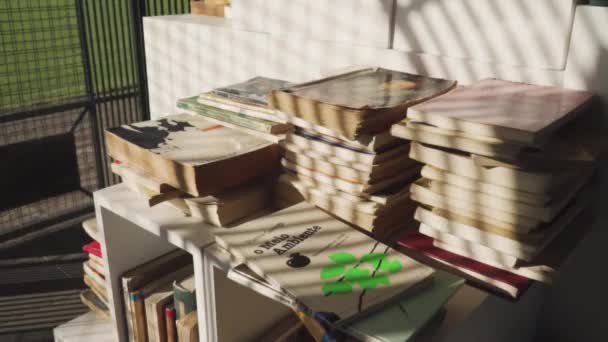 pilas y capas de libro para la lectura colocadas en un estante de libros - Metraje, vídeo