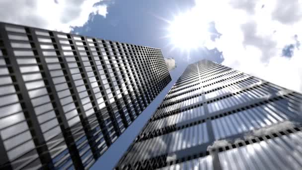 Perspektivischer Blick auf das stählerne hellblaue Glasgebäude der Wolkenkratzerstadt. Geschäftskonzept. Blick im Zeitraffer auf die Innenstadt, Blick nach oben auf das Bürogebäude im Finanzviertel. 3D-Darstellung - Filmmaterial, Video