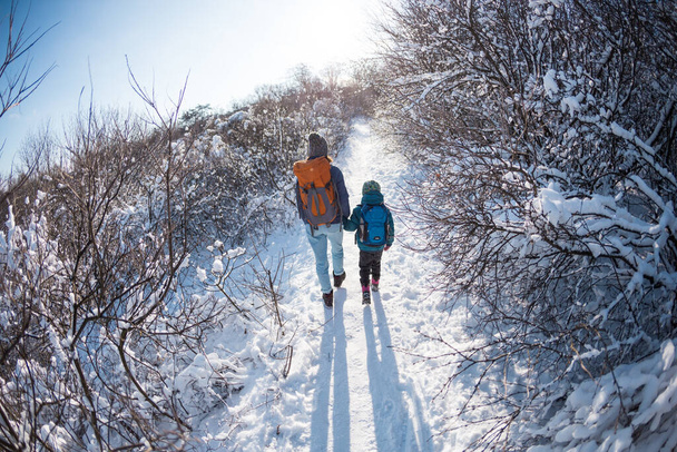 Kobieta z dzieckiem na zimowej wędrówce w górach, Chłopiec podróżuje z matką w sezonie zimowym, Dziecko z plecakiem spaceruje z matką w zaśnieżonym parku, Trekking z dziećmi, Zimowa wycieczka. - Zdjęcie, obraz