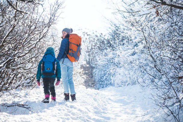 Nő egy gyerekkel a téli túrán a hegyekben, A fiú anyával utazik a hideg évszakban, Egy gyerek hátizsákkal sétál anyával egy havas parkban, Trekking gyerekekkel, Téli utazás. - Fotó, kép