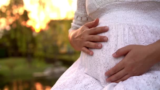 Zwangere vrouw zich gelukkig voelen in de tuin huis. - Video