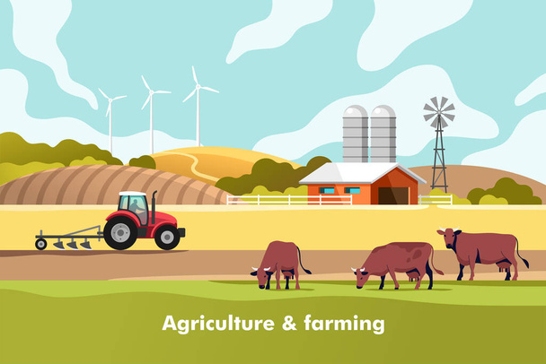 Agricultura y Agricultura. Agroindustria. Paisaje rural. Ilustración vectorial para infografía, sitios web y medios impresos. - Vector, Imagen