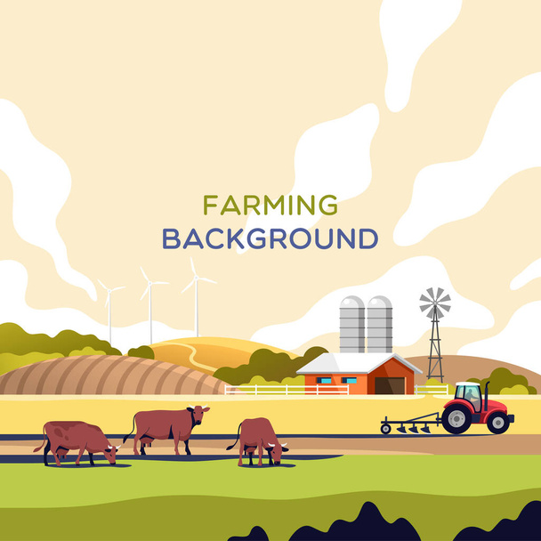 Mezőgazdasági ipar, gazdálkodás és állattenyésztés. Vidéki táj másolási hellyel a szövegnek. Vektorillusztráció. - Vektor, kép