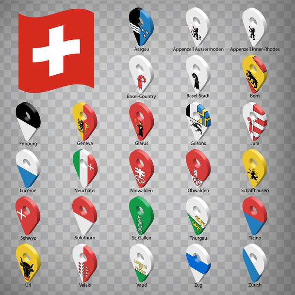 Veintiséis banderas de las Provincias de Suiza - orden alfabético con nombre. Conjunto de letreros de geolocalización 3d como banderas cantones de Suiza. Veintiséis signos de geolocalización 3d para su diseño. EPS10 - Vector, imagen