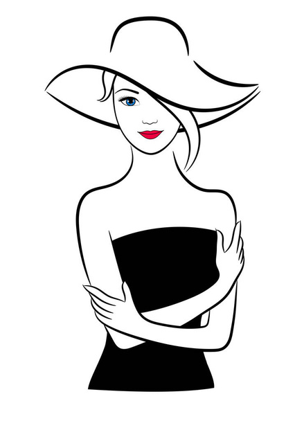 Жінка в чорній сукні і капелюсі, Векторні контурні ілюстрації
 - Вектор, зображення