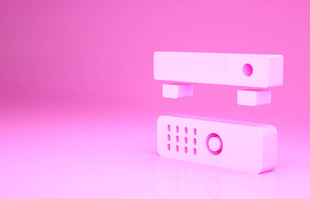 Receptor rosa multimedia y caja de TV y reproductor con icono de mando a distancia aislado sobre fondo rosa. Concepto minimalista. 3D ilustración 3D render. - Foto, Imagen
