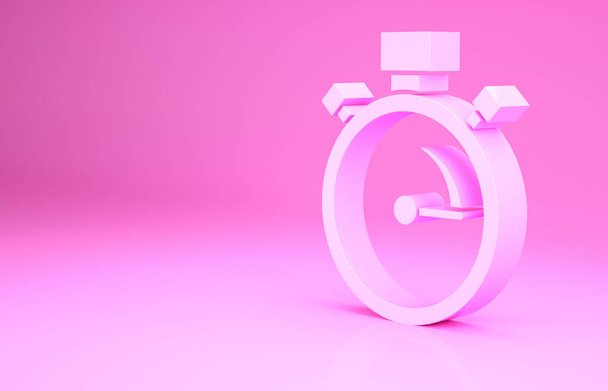 Różowa ikona Stopwatch na różowym tle. Znak czasowy. Znak chronometryczny. Koncepcja minimalizmu. Ilustracja 3D 3D renderowania. - Zdjęcie, obraz