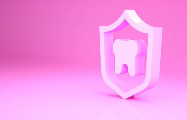Różowa ikona ochrony stomatologicznej na różowym tle. Ząb na logo tarczy. Koncepcja minimalizmu. Ilustracja 3D 3D renderowania. - Zdjęcie, obraz