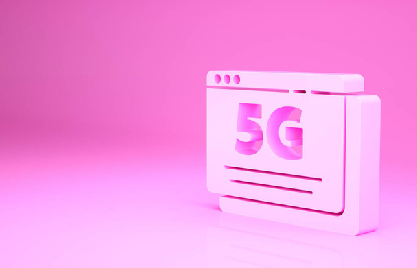 Розовый 5G новый значок беспроводного доступа в Интернет WiFi изолирован на розовом фоне. Глобальная сеть высокоскоростных технологий передачи данных. Концепция минимализма. 3D-рендеринг. - Фото, изображение