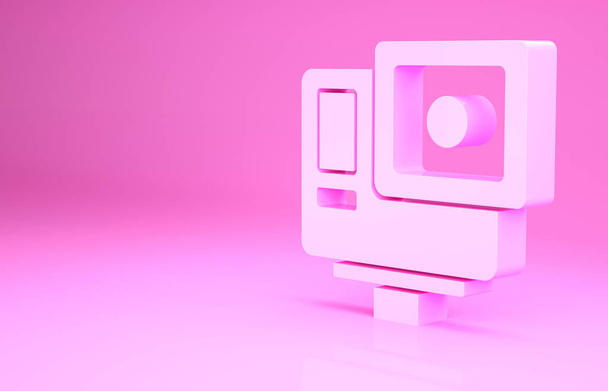 Růžová akce extrémní ikona kamery izolované na růžovém pozadí. Videokamera zařízení pro natáčení extrémních sportů. Minimalismus. 3D ilustrace 3D vykreslení. - Fotografie, Obrázek