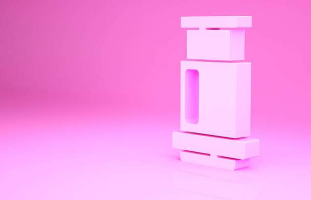Rózsaszín Aeropress kávé módszer ikon elszigetelt rózsaszín alapon. Kávéfőző készülék. Minimalizmus koncepció. 3d illusztráció 3D render. - Fotó, kép