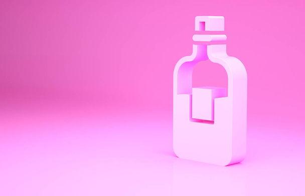 Розовый стеклянная бутылка водки икона изолированы на розовом фоне. Концепция минимализма. 3D-рендеринг. - Фото, изображение