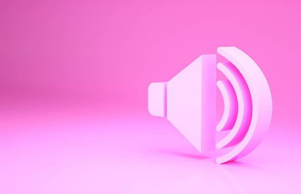 Różowy głośnik, symbol dźwięku głosu audio, ikona muzyki medialnej odizolowana na różowym tle. Koncepcja minimalizmu. Ilustracja 3D 3D renderowania. - Zdjęcie, obraz
