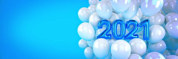 Liczby na Szczęśliwego Nowego Roku 2021. Balony z helem, numery folii. Balony świąteczne 2021. 3d renderowanie - Zdjęcie, obraz