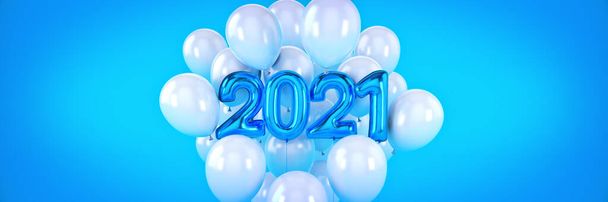 Liczby na Szczęśliwego Nowego Roku 2021. Balony z helem, numery folii. Balony świąteczne 2021. 3d renderowanie - Zdjęcie, obraz