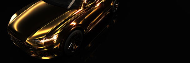 Arany sportkocsi, stúdió beállítás arany háttérrel. 3D-s renderelés - Fotó, kép