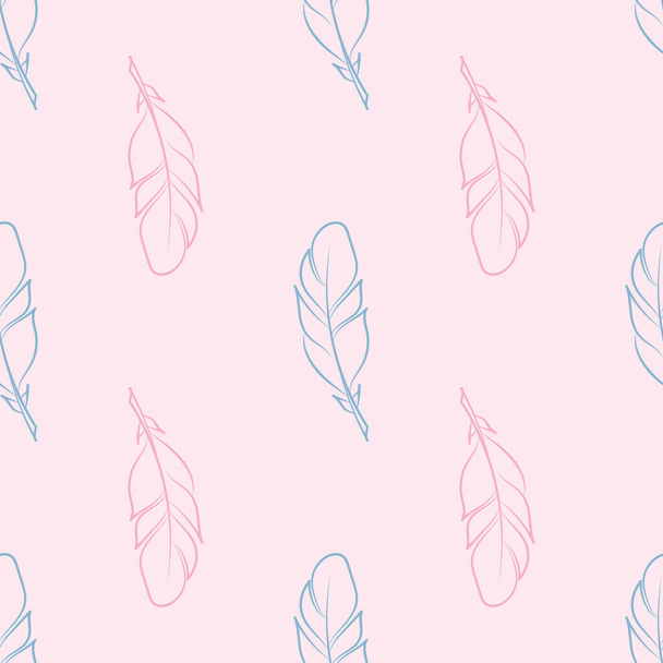 シンプルなかわいいラインアートパステルの羽シームレスな繰り返しパターンデザイン、ピンクと青の羽、幾何学的なレイアウト. - ベクター画像