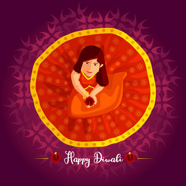 Feliz diwali. Festival de la luz, tarjeta de felicitación. Carteles coloridos de Diwali con una niña. Deepavali luz y fuego festival. Hindú deepavali festival hindú de la luz.Ilustración. - Foto, Imagen