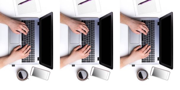 Бизнесмен, работающий с ноутбуком удаленно, сидит дома. Карантинный офис - Фото, изображение
