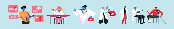 serie di medici e infermieri che si prendono cura dei pazienti modello di design del personaggio dei cartoni animati con vari modelli. illustrazione vettoriale isolata su sfondo blu - Vettoriali, immagini