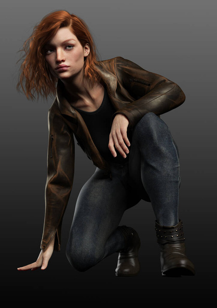 Urban Fantasy Woman Mage in Leather and Denim in Action Pose - Φωτογραφία, εικόνα