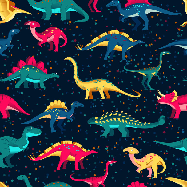 Colorful cute dinosaurs on black background. Vector seamless pattern. Fun textile cartoon kids print design. - Vector, Image