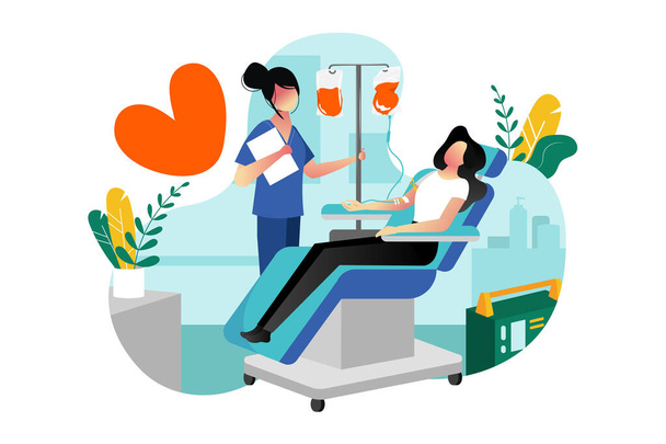 Blood donation, transfusion. Vector flat cartoon illustration. Volunteer female donor donating blood in medical hospital laboratory. World blood donor day concept. - Vector, Image