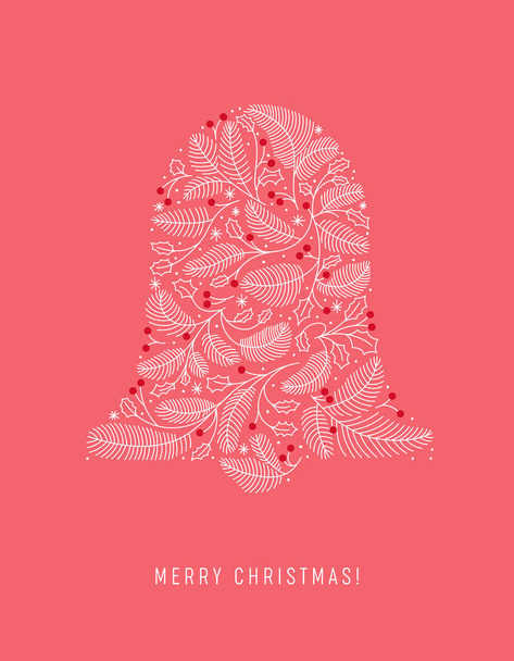 Ornate Christmas bell holiday card, Xmas bell pine branch vector illustration. Winter symbol vintage design - Wektor, obraz