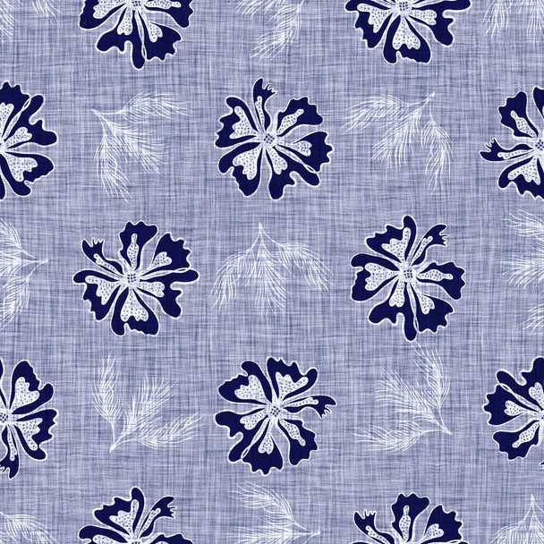 Ίντιγκο μπλε λουλούδι μπλοκ εκτύπωσης βαμμένο λινό φόντο υφή. Απρόσκοπτη υφαντή ιαπωνική επανάληψη μπατίκ μοτίβο Swatch. Floral οργανική στεναγμένη εκτύπωση μπλοκ θαμπάδα σε όλο το ύφασμα. - Φωτογραφία, εικόνα