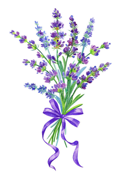 A bouquet of lavender tied with a bow, watercolor illustration, print for textiles and decoration of various products. - Foto, Imagen