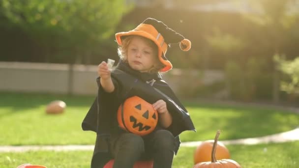 Los niños comen dulces para Halloween. Retrato de niño preescolar caucásico en traje de murciélago y gorra sentado y comiendo piruletas de cubo de calabaza en la fiesta de halloween - Imágenes, Vídeo