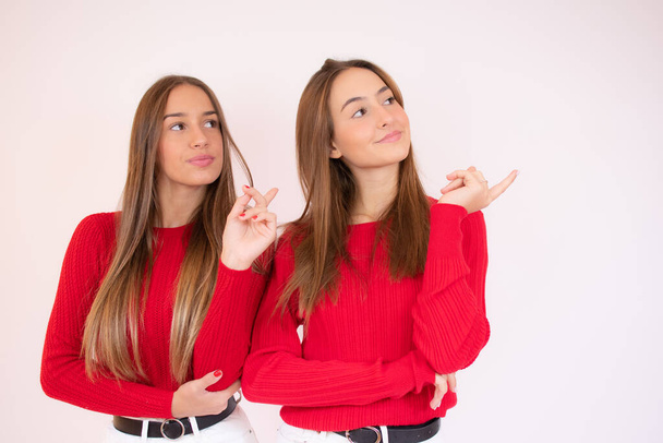 Image of young two pretty women girls friends sisters posing isolated over white wall background pointing. - Valokuva, kuva